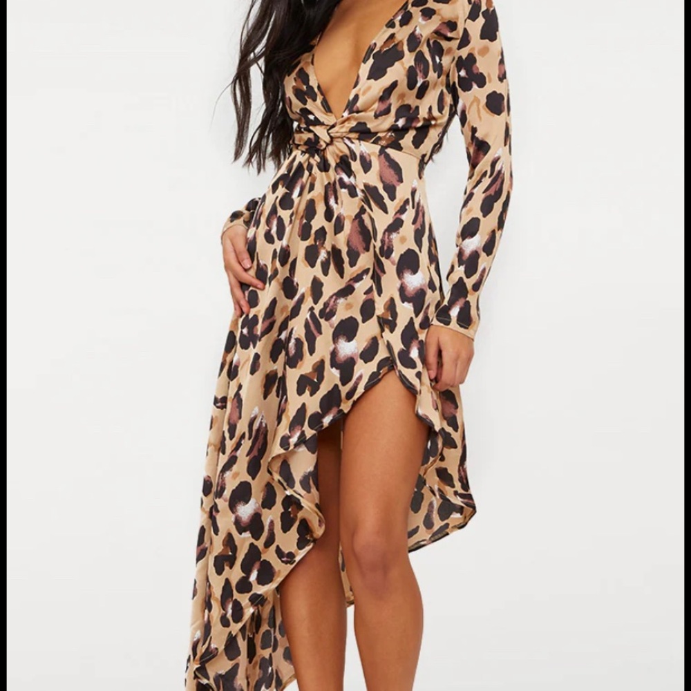 leopard asymmetric hem long sleeve plunge satin maxi dress